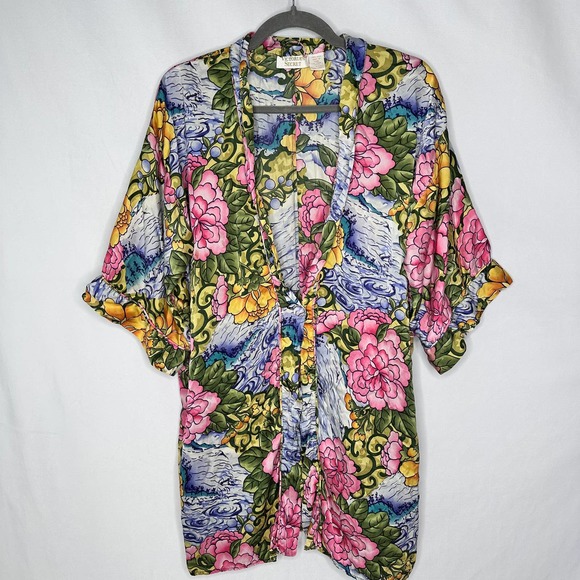 Victoria's Secret Other - Vintage Victoria's Secret Gold Label Robe Floral Silk Kimono Cover Up Blue O/S